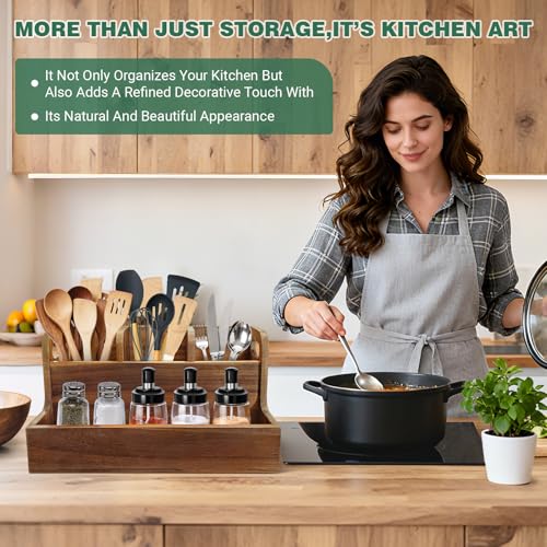 LAGOUPICK Kitchen Utensil Holder for Countertop with 4 Compartments Acacia Large Utensil Holder Wooden Storage for Cooking,Baking,Flatware Tool Kitchen Utensil Organizer - My Kitchen Products