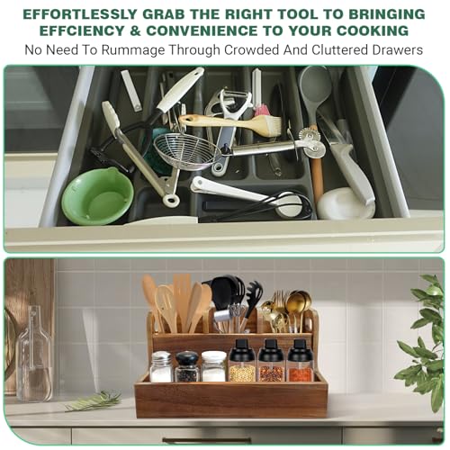 LAGOUPICK Kitchen Utensil Holder for Countertop with 4 Compartments Acacia Large Utensil Holder Wooden Storage for Cooking,Baking,Flatware Tool Kitchen Utensil Organizer - My Kitchen Products