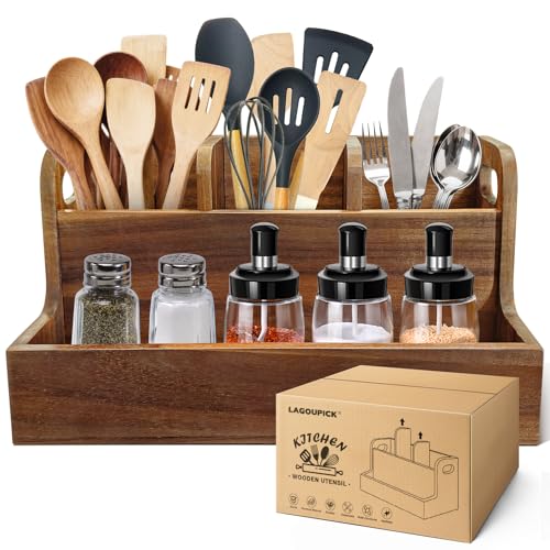 LAGOUPICK Kitchen Utensil Holder for Countertop with 4 Compartments Acacia Large Utensil Holder Wooden Storage