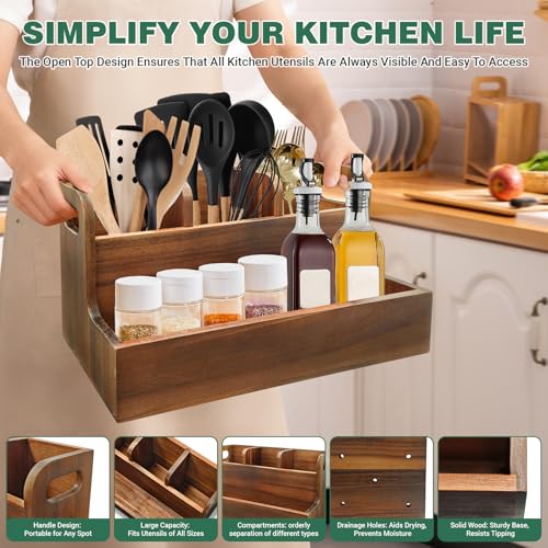 LAGOUPICK Kitchen Utensil Holder for Countertop with 4 Compartments Acacia Large Utensil Holder Wooden Storage for Cooking,Baking,Flatware Tool Kitchen Utensil Organizer - My Kitchen Products