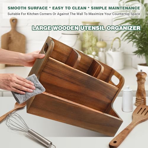 LAGOUPICK Kitchen Utensil Holder for Countertop with 4 Compartments Acacia Large Utensil Holder Wooden Storage for Cooking,Baking,Flatware Tool Kitchen Utensil Organizer - My Kitchen Products