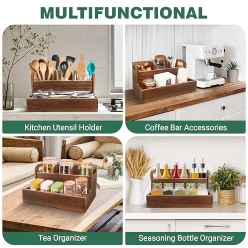 LAGOUPICK Kitchen Utensil Holder for Countertop with 4 Compartments Acacia Large Utensil Holder Wooden Storage for Cooking,Baking,Flatware Tool Kitchen Utensil Organizer - My Kitchen Products