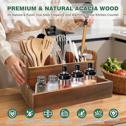 LAGOUPICK Kitchen Utensil Holder for Countertop with 4 Compartments Acacia Large Utensil Holder Wooden Storage for Cooking,Baking,Flatware Tool Kitchen Utensil Organizer - My Kitchen Products