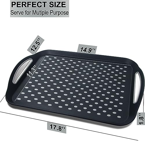 Large Nonslip Serving Tray with Handles, Silicone Grippy Dots Lap Food Trays for Eating, Dishwasher Safe Serve for Breakfast Dinner Snack Fruit Appetizers Beverage, Rectangular, Set of 2, Black - My Kitchen Products