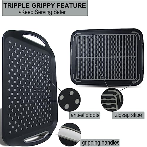 Large Nonslip Serving Tray with Handles, Silicone Grippy Dots Lap Food Trays for Eating, Dishwasher Safe Serve for Breakfast Dinner Snack Fruit Appetizers Beverage, Rectangular, Set of 2, Black - My Kitchen Products