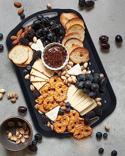 Large Nonslip Serving Tray with Handles, Silicone Grippy Dots Lap Food Trays for Eating, Dishwasher Safe Serve for Breakfast Dinner Snack Fruit Appetizers Beverage, Rectangular, Set of 2, Black - My Kitchen Products