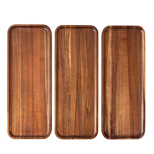 Large Solid Acacia Wood Serving Trays (17 x 6.5 inches) Rectangular Wooden Serving Platters for Home Decor, Food