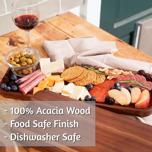 Large Solid Acacia Wood Serving Trays (17 x 6.5 inches) Rectangular Wooden Serving Platters for Home Decor, Food, Vegetables, Fruit, Charcuterie, Appetizer Serving Tray, Cheese Board (Set of 3 Plates) - My Kitchen Products