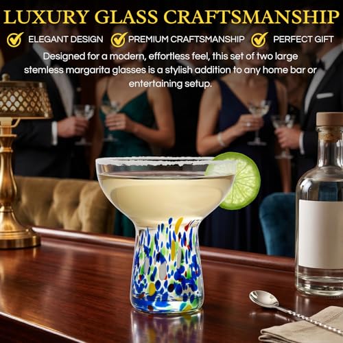 Large Stemless Margarita Glasses Set of 2-14oz Luxury Hand Blown Confetti Margaritas, Martini, Cocktails, Water, Wine, Dessert & Champagne Glasses Cinco de Mayo - My Kitchen Products