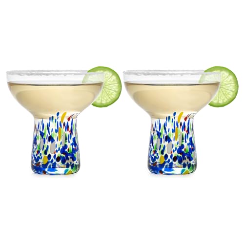 Large Stemless Margarita Glasses Set of 2-14oz Luxury Hand Blown Confetti Margaritas, Martini, Cocktails, Water