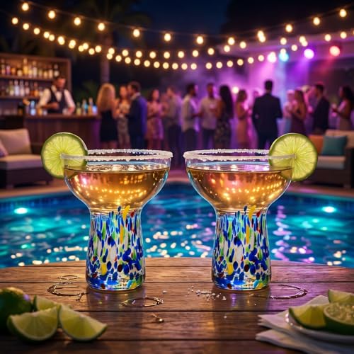 Large Stemless Margarita Glasses Set of 2-14oz Luxury Hand Blown Confetti Margaritas, Martini, Cocktails, Water, Wine, Dessert & Champagne Glasses Cinco de Mayo - My Kitchen Products