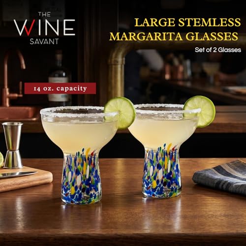 Large Stemless Margarita Glasses Set of 2-14oz Luxury Hand Blown Confetti Margaritas, Martini, Cocktails, Water, Wine, Dessert & Champagne Glasses Cinco de Mayo - My Kitchen Products