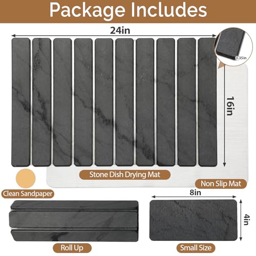 Large Stone Dish Drying Mat for Kitchen Counter, Quick Dry Stone Dishes/Bath Mats,Foldable Water Absorbing Diatomaceous Earth Drying Organizer Pad for Plate Rack Bottles Utensils(Dark Gray 24"×16") - My Kitchen Products