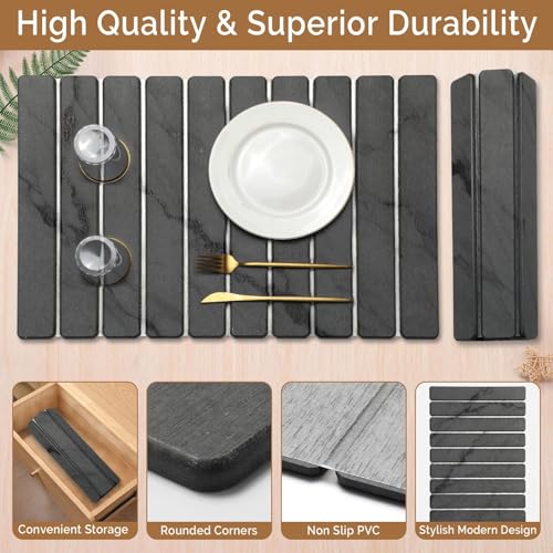 Large Stone Dish Drying Mat for Kitchen Counter, Quick Dry Stone Dishes/Bath Mats,Foldable Water Absorbing Diatomaceous Earth Drying Organizer Pad for Plate Rack Bottles Utensils(Dark Gray 24"×16") - My Kitchen Products