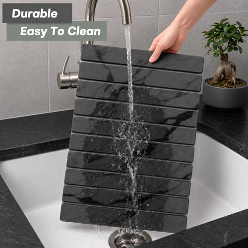 Large Stone Dish Drying Mat for Kitchen Counter, Quick Dry Stone Dishes/Bath Mats,Foldable Water Absorbing Diatomaceous Earth Drying Organizer Pad for Plate Rack Bottles Utensils(Dark Gray 24"×16") - My Kitchen Products