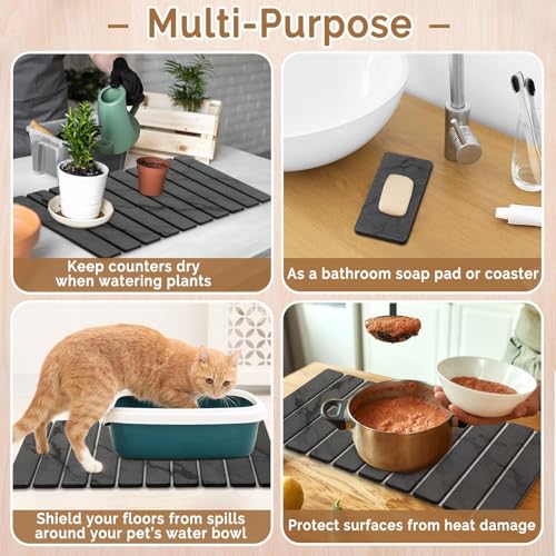 Large Stone Dish Drying Mat for Kitchen Counter, Quick Dry Stone Dishes/Bath Mats,Foldable Water Absorbing Diatomaceous Earth Drying Organizer Pad for Plate Rack Bottles Utensils(Dark Gray 24"×16") - My Kitchen Products