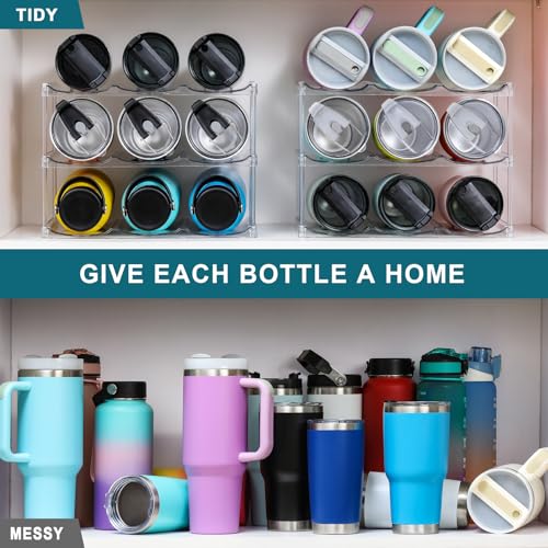 LARGER Compartment - Stackable Water Bottle Organizer Holder - for Stanley & Others' Large Tumbler - Clear Wine Rack, Cup Bottle Holder for Cabinet Home Countertop Fridge Pantry Shelf, 3 Tier Hold 9 - My Kitchen Products