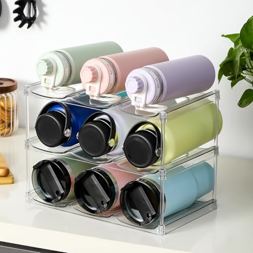 LARGER Compartment - Stackable Water Bottle Organizer Holder - for Stanley & Others' Large Tumbler - Clear Wine Rack, Cup Bottle Holder for Cabinet Home Countertop Fridge Pantry Shelf, 3 Tier Hold 9 - My Kitchen Products