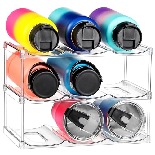 LARGER Compartment - Stackable Water Bottle Organizer Holder - for Stanley & Others' Large Tumbler - Clear Wine Rack, Cup Bottle Holder for Cabinet Home Countertop Fridge Pantry Shelf, 3 Tier Hold 9 - My Kitchen Products