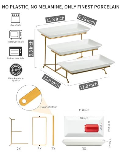 LAUCHUH 3 Tier Serving Tray, Porcelain Serving Platter Tier Serving Stand with Collapsible Sturdier Rack, Serving Trays and Platters Dessert Party Display Set for Father's Day, Gold, 12 Inch - My Kitchen Products