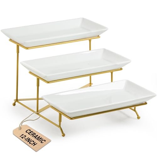 LAUCHUH 3 Tier Serving Tray, Porcelain Serving Platter Tier Serving Stand with Collapsible Sturdier