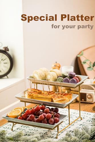 LAUCHUH 3 Tier Serving Tray, Porcelain Serving Platter Tier Serving Stand with Collapsible Sturdier Rack, Serving Trays and Platters Dessert Party Display Set for Father's Day, Gold, 12 Inch - My Kitchen Products