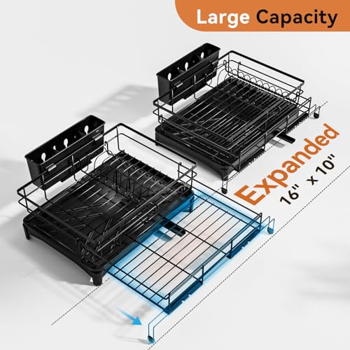 Laveshop Dish Drying Rack - Expandable Rack, Large Capacity Dish Drainer for Kitchen Counter, Rust-Proof with Utensil Holder, Black - My Kitchen Products