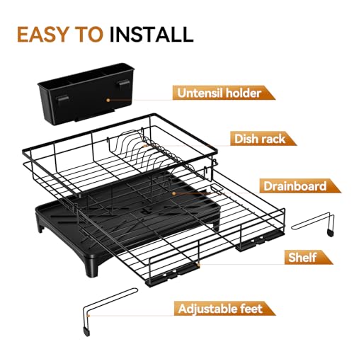 Laveshop Dish Drying Rack - Expandable Rack, Large Capacity Dish Drainer for Kitchen Counter, Rust-Proof with Utensil Holder, Black - My Kitchen Products