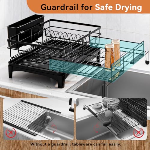 Laveshop Dish Drying Rack - Expandable Rack, Large Capacity Dish Drainer for Kitchen Counter, Rust-Proof with Utensil Holder, Black - My Kitchen Products