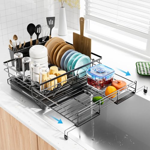 Laveshop Dish Drying Rack - Expandable Rack, Large Capacity Dish Drainer for Kitchen Counter, Rust-Proof with Utensil Holder, Black - My Kitchen Products