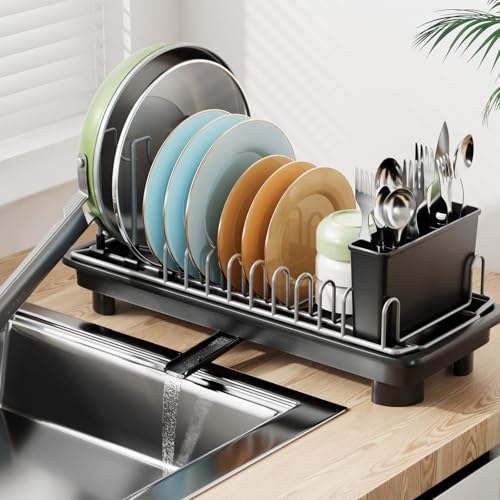 Laveshop Small Dish Drying Rack, Compact Dish Drainer for Kitchen Counter, with Adjustable Back Slots, Space-Saving for Small Kitchens, Black - My Kitchen Products