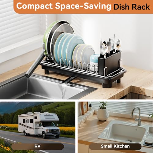 Laveshop Small Dish Drying Rack, Compact Dish Drainer for Kitchen Counter, with Adjustable Back Slots, Space-Saving for Small Kitchens, Black - My Kitchen Products
