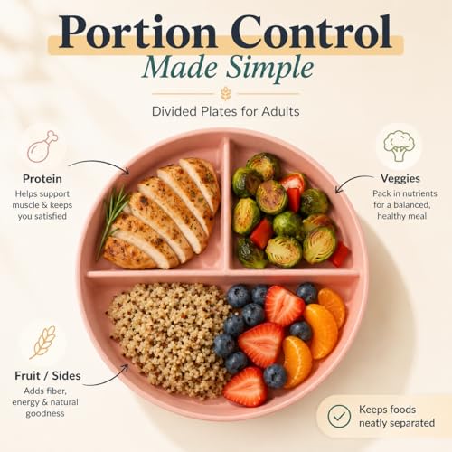 LDXDRU 12 Pack Divided Plates for Adults, 9 Inch Portion Control Plates, Reusable Wheat Straw Dinner Plates for Meal Prep, Dieting, Snacks and Everyday Meals, Microwave Dishwasher Safe, 6 Colors - My Kitchen Products