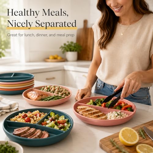 LDXDRU 12 Pack Divided Plates for Adults, 9 Inch Portion Control Plates, Reusable Wheat Straw Dinner Plates for Meal Prep, Dieting, Snacks and Everyday Meals, Microwave Dishwasher Safe, 6 Colors - My Kitchen Products