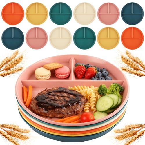 LDXDRU 12 Pack Divided Plates for Adults, 9 Inch Portion Control Plates, Reusable Wheat Straw Dinner Plates for Meal Prep, Dieting, Snacks and Everyday Meals, Microwave Dishwasher Safe, 6 Colors - My Kitchen Products