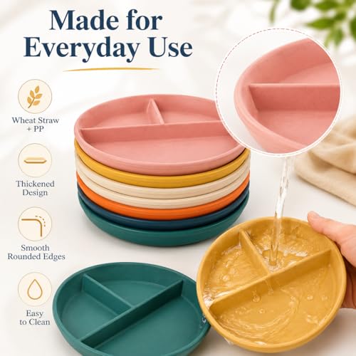 LDXDRU 12 Pack Divided Plates for Adults, 9 Inch Portion Control Plates, Reusable Wheat Straw Dinner Plates for Meal Prep, Dieting, Snacks and Everyday Meals, Microwave Dishwasher Safe, 6 Colors - My Kitchen Products