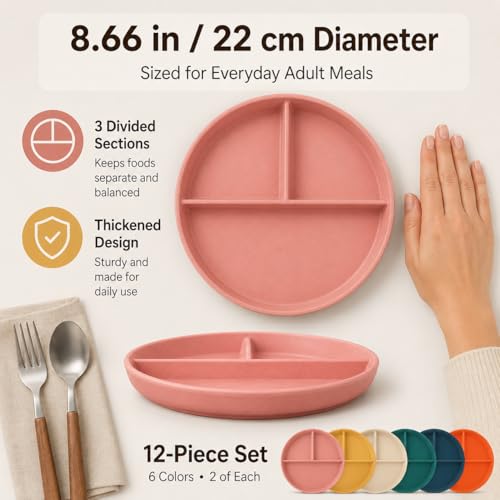 LDXDRU 12 Pack Divided Plates for Adults, 9 Inch Portion Control Plates, Reusable Wheat Straw Dinner Plates for Meal Prep, Dieting, Snacks and Everyday Meals, Microwave Dishwasher Safe, 6 Colors - My Kitchen Products
