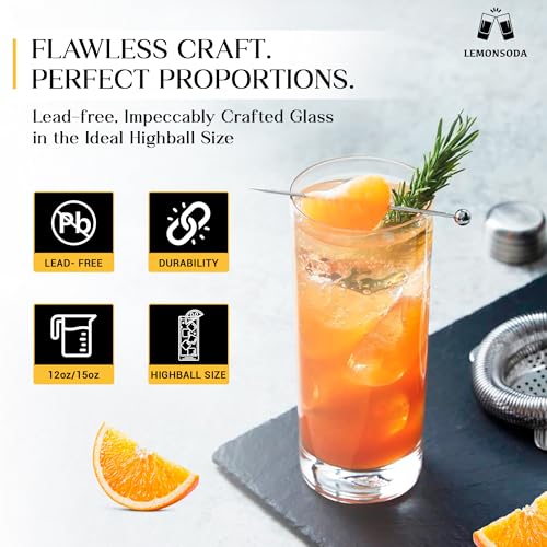LEMONSODA Premium Highball 12oz/15oz Glass Sets - Elegant Tom Collins Glasses - Tall Water Drinking Glasses - Bar Glassware for Mojito, Whiskey, Cocktail (15oz, Set of 6) - My Kitchen Products