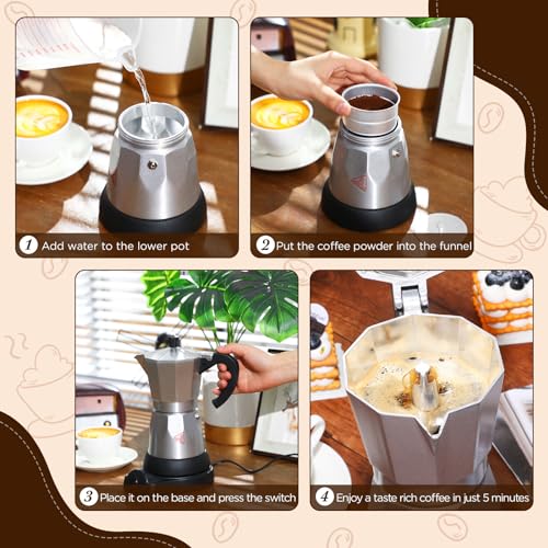 Lemosae Coffee Pot 6 Cup Electric Espresso Coffee Maker Italian Moka Maker 300ml Portable Aluminum Espresso Machine Cafetera Moka Pot with Detachable Base, Gift for Home Travel (Silver) - My Kitchen Products