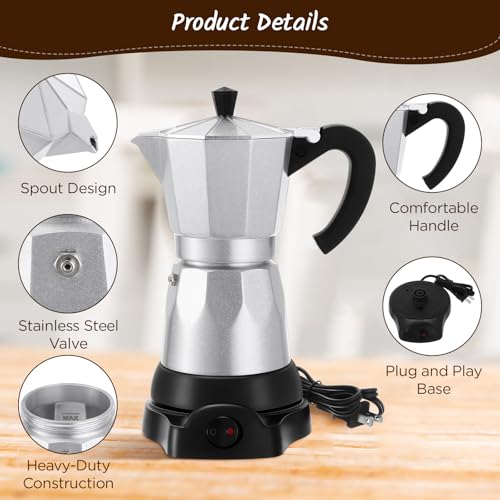 Lemosae Coffee Pot 6 Cup Electric Espresso Coffee Maker Italian Moka Maker 300ml Portable Aluminum Espresso Machine Cafetera Moka Pot with Detachable Base, Gift for Home Travel (Silver) - My Kitchen Products