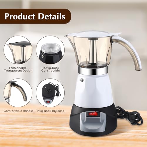 Lemosae Electric Espresso Maker Transparent Coffee Maker Electric Moka Pot Portable Aluminum Espresso Machine Italian Moka Pot with Detachable Base, Coffee Gift for Women Men Home Travel (White,6 Cup) - My Kitchen Products
