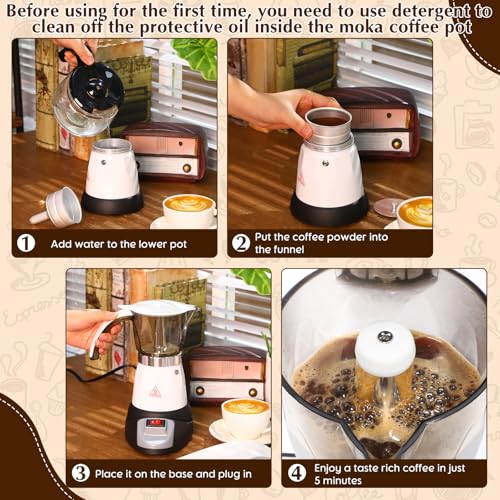 Lemosae Electric Espresso Maker Transparent Coffee Maker Electric Moka Pot Portable Aluminum Espresso Machine Italian Moka Pot with Detachable Base, Coffee Gift for Women Men Home Travel (White,6 Cup) - My Kitchen Products