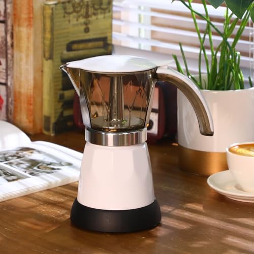 Lemosae Electric Espresso Maker Transparent Coffee Maker Electric Moka Pot Portable Aluminum Espresso Machine Italian Moka Pot with Detachable Base, Coffee Gift for Women Men Home Travel (White,6 Cup) - My Kitchen Products
