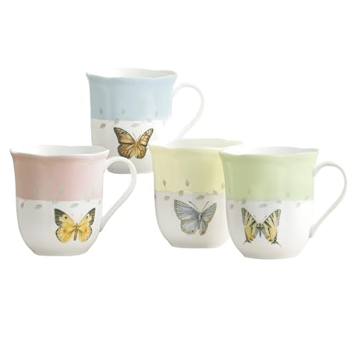 Lenox Coffee Mug Set, Butterfly Meadow Colors 4-Piece Mug Set, Service for 4, White Porcelain Mugs, 10 Oz Capacity, Microwave & Dishwasher Safe, Ceramic Mugs, Coffee Cups, Tea Cup (Assorted, 4 Piece) - My Kitchen Products