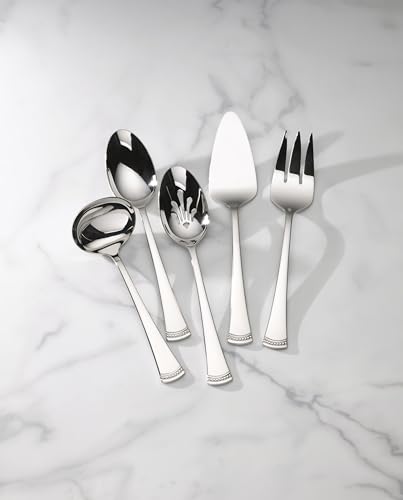 Lenox Silverware Serving Utensils Sets, Portola 5-Piece Hostess Set, Flatware Set, 18/10 Stainless Steel, Serving Spoons Fork Ladel & Pie Server, Mirror Finish Dishwasher Safe (Silver 5 Piece) - My Kitchen Products