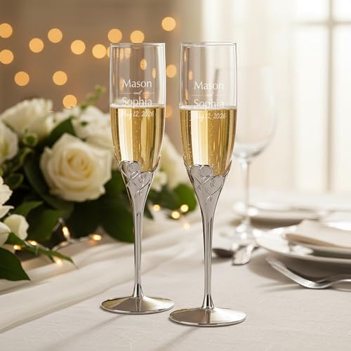 Lenox True Love Personalized Wedding Champagne Flutes, Set of 2 Custom Engraved Champagne Glasses, Accessories and Gifts for Bride and Groom - My Kitchen Products