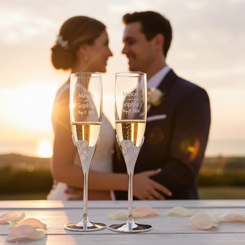 Lenox True Love Personalized Wedding Champagne Flutes, Set of 2 Custom Engraved Champagne Glasses, Accessories and Gifts for Bride and Groom - My Kitchen Products
