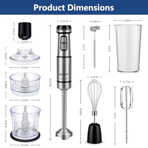 Levstek Immersion Hand Blender Set, 1200W 20-Speed Stainless Steel Stick Blender with 7 Accessories, 500ml & 200ml Chopper Cups, Milk Frother, Egg Beater, for Smoothies, Soups Kitchen Essential - My Kitchen Products