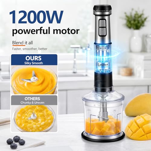 Levstek Immersion Hand Blender Set, 1200W 20-Speed Stainless Steel Stick Blender with 7 Accessories, 500ml & 200ml Chopper Cups, Milk Frother, Egg Beater, for Smoothies, Soups Kitchen Essential - My Kitchen Products