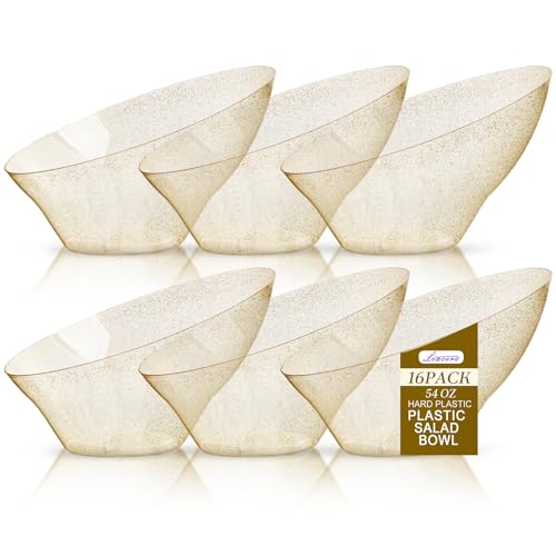 Liacere 16PCS Gold Plastic Serving Bowls, 54 OZ Angled Table Salad and Fruit Bowls Disposable for Chip &